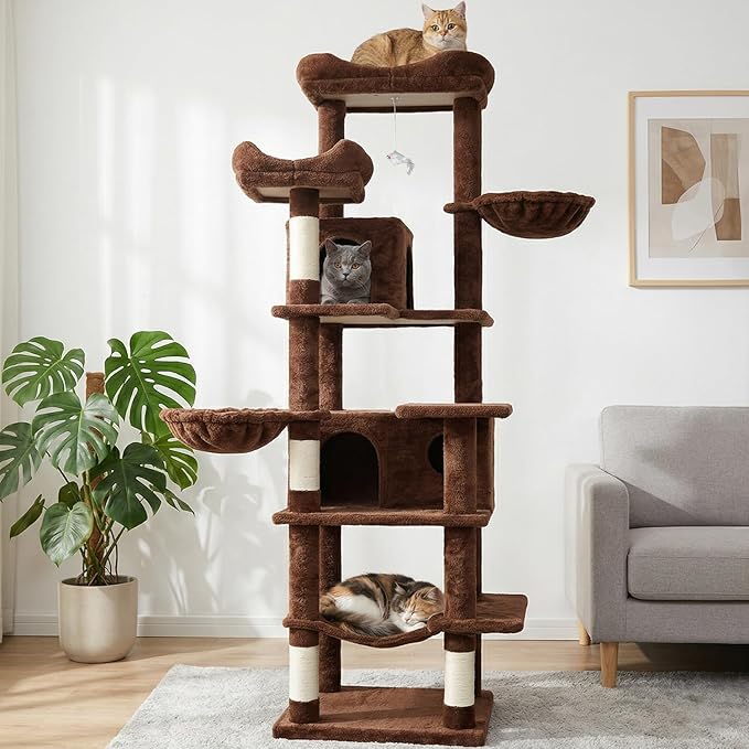 68 Inches Multi-Level Large and Tall Cat Tree Tower for Indoor Cats/Removable Pad/Cat Condo/Sisal Scratching Posts/Hammock/Cat Activity Center/Wide Base
