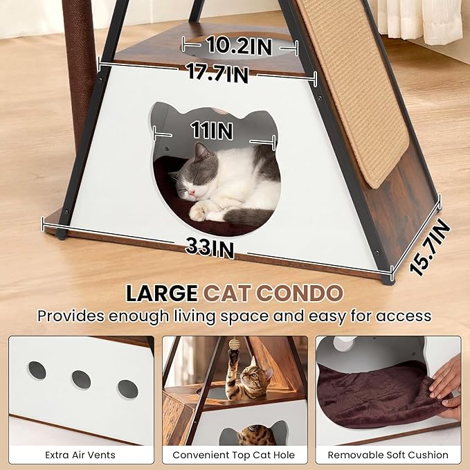 71" Modern Wood Cat Tree for Large Cats—Heavy Duty Tall Cat Tower for Indoor Cats, Multi-Level Cat Furniture with Condo, Large Perch, Scratching Posts & Hammock (Burnt Wood with White Cave)