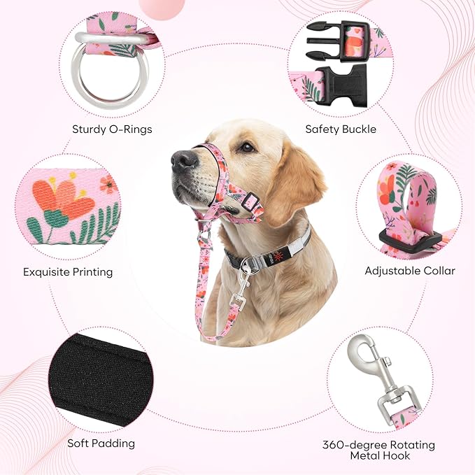 HIGO Dog Head Collar, Adjustable Head Collar for Dogs, No Pulling Head Halter, Training Nose Leash, 3 Pattern Muzzle Leash for Small Medium Large Dogs Easy Walking (Pink, S)