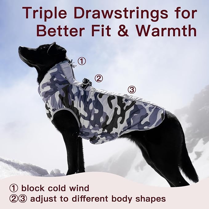 Medium Dog Coat Dog Winter Jacket,Warm Dog Coat with Harness Reflective Dog Snow Jacket Water-Resistant Dog Vest Zip Up Snowsuitfor Medium Dogs Jack Russell, Mini Schnauzer, Grey-Camouflage