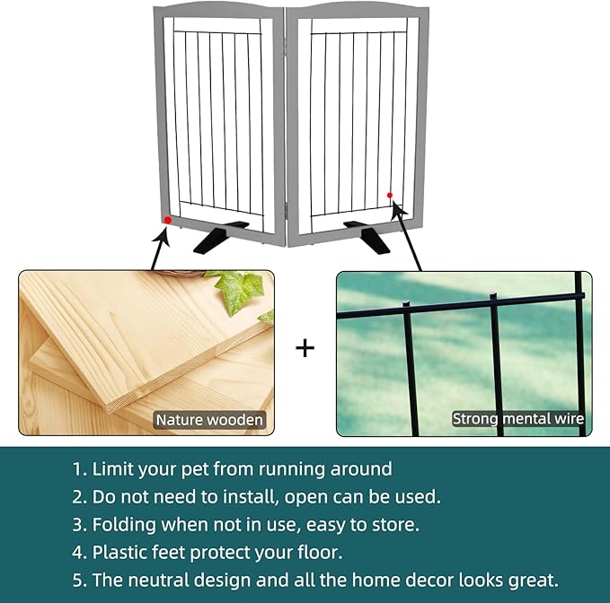 Dog Fence Indoor,Dog Gate Indoor for Doorway pet gate -2-Panel Freestanding, Hallways, House or Stairs -40x32-Inch Retractable Foldable Expandable Wood Pet by SFJC (Grey) ﻿