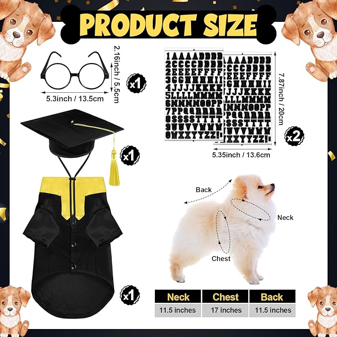 5 Pcs Dog Graduation Costume Set Include 2026 Pet Graduation Gown with Stole Puppy Grad Cap Lensless Glasses DIY Letter Stickers for Dogs Cats Holiday Costume Accessory(Black Yellow,S)