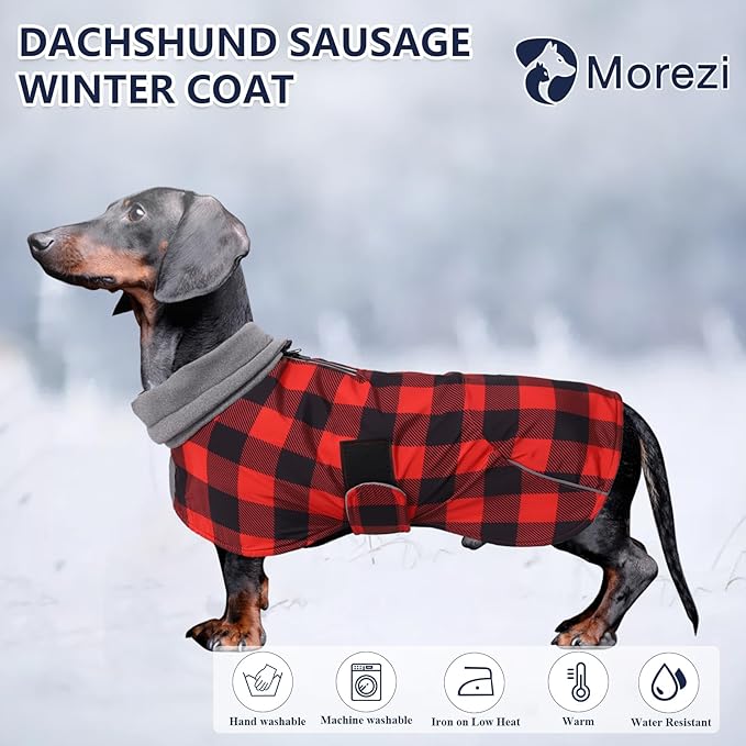 Dachshund Coats Waterproof Suitable for Dachshunds Sausage Weiner Dog Winter Coat Padded Fleece Puppy Snowsuit with Adjustable Bands Reflective Stripe - Plaid Red - M