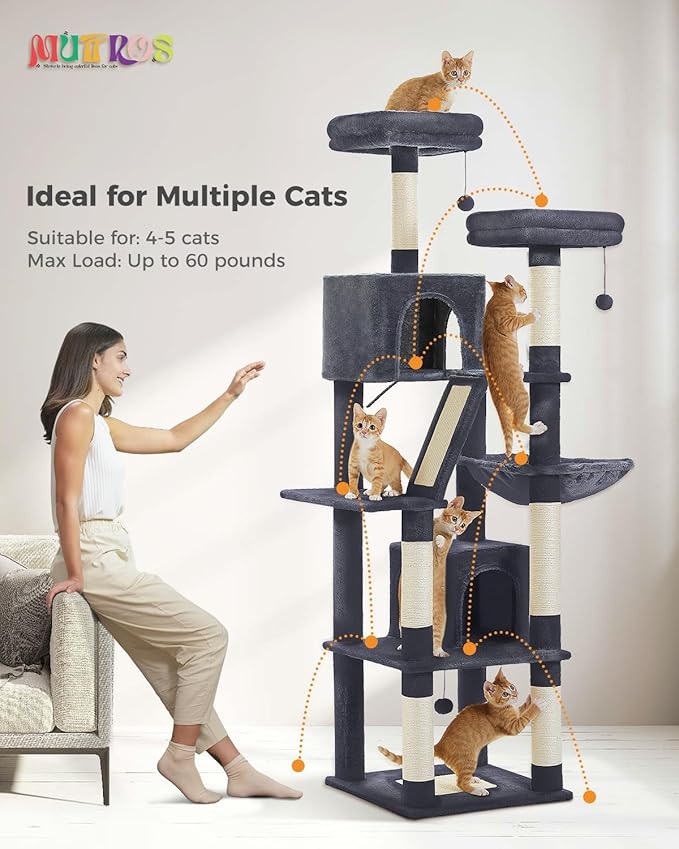 Tall Cat Tree 70.9"- Cat Tower with 6 Scratching Posts, Multi-Level Climbing Tower with 2 Condos, 2 Scratching Boards, 2 Top Beds & Hammock for Indoor Large Medium&Small Cats, Dark Gray