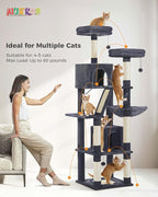 Tall Cat Tree 70.9"- Cat Tower with 6 Scratching Posts, Multi-Level Climbing Tower with 2 Condos, 2 Scratching Boards, 2 Top Beds & Hammock for Indoor Large Medium&Small Cats, Dark Gray