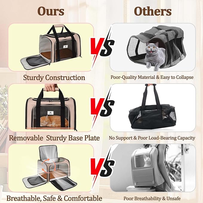 Cat Carrier Dog Carrier - Soft-Sided Cat Carrier with Plush Pad & Cooling Mat, Easy-Load 4-Side Zipper & 3-Side Mesh Ventilation, Pet Carrier Airline Approved for Cats/Dogs Up to 16 lbs, Brown