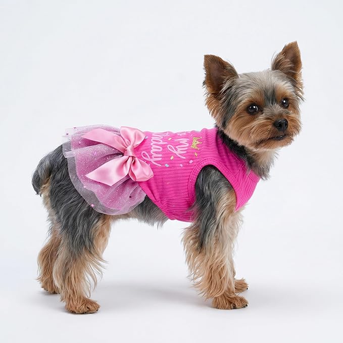 Fitwarm It's My Birthday Dog Dress - Pink, Small Dog Girl's Funny Birthday Dress with Bowknot