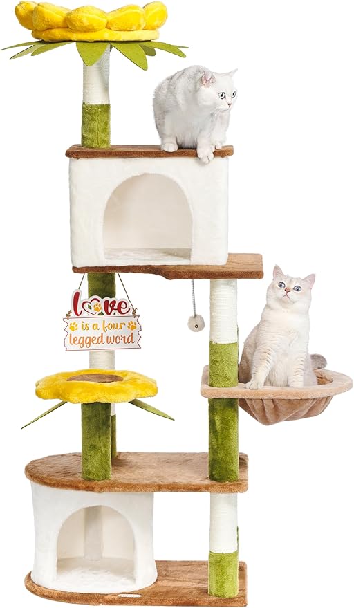 HYABi 62.7 Inch Tall Flower Cat Tree Tower Condo Climbing for Indoor Cats Multi Level with Sisal Scratching Post Hammocks Pet House Play Home Furniture Platform