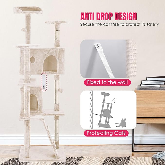 24/7 Shop at Home Court 70 inch Multi-Level Cute Cat Tree Tower with Dangling Ball and Scratching Posts for Indoor Cats Adults, Kitten Supplies, Pet House, Beige