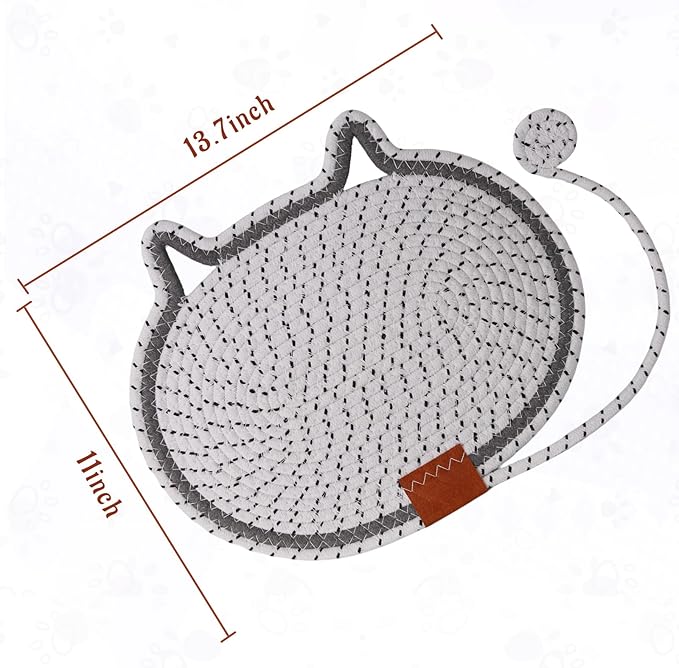 2 PC Cat Scratcher Mat - Natural Cotton Rope Oval Horizontal Scratch Pad (11''x13.7'') with Dangling Ball Toy, Cat Ear Design, Furniture Protector for Floor/Wall, Durable Handmade (White, 2 PC)