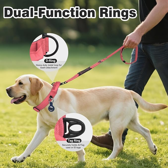 Joytale Tactical Dog Collar for X-Large Dogs with Control Handle, Heavy Duty Military Training Collar for Power Breeds, AirTag Holder Case, Quick Release Metal Buckle, Soft Padded, XL, Pink