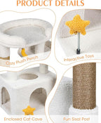 32In Cute Cat Tower for Indoor Cats with Cat Condo, Plush Platform, Hammock, Sisal Scratching Posts, Dangling Ball, Tall Cat Tree Tower with Self-Grooming Brush (Beige)