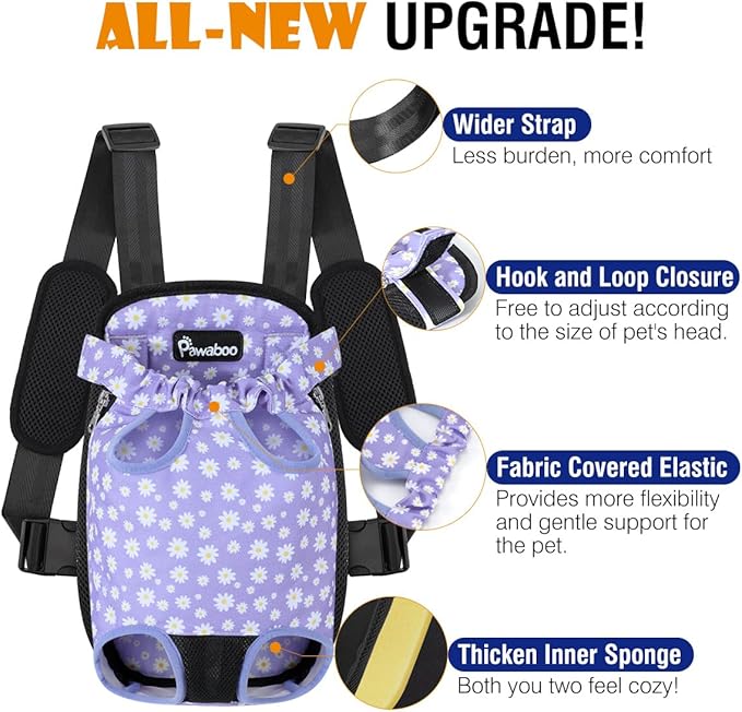 Pawaboo Pet Carrier Backpack, Adjustable Pet Front Cat Dog Carrier Backpack Purse Travel Bag, Legs Out, Easy-Fit for Traveling Hiking for Small Medium Dogs Cats Puppies 13-16lbs, XL,Black&Purple Daisy