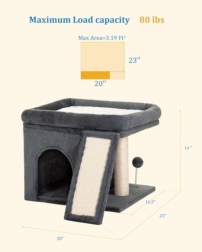 Cat Tree for Large Cat, Cat Tower with Large Perch for Adult Cats, 20 * 16.5 Inch Big Platform for Indoor with Super Cozy Soft Mat, Large Condo with Nature Sisal Post, Gray
