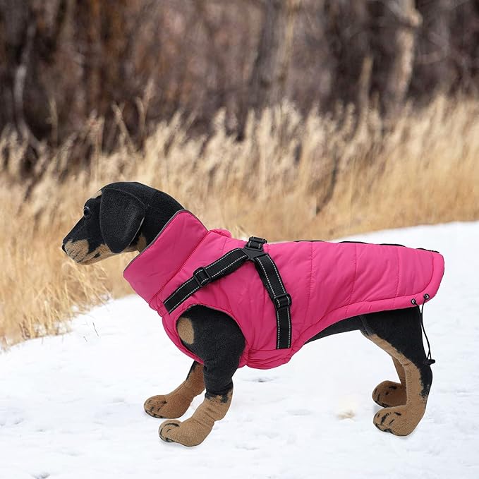 Geyecete Waterproof Dog Jacket with Harness Traction Belt, Pink, Medium-Small, Autumn & Winter