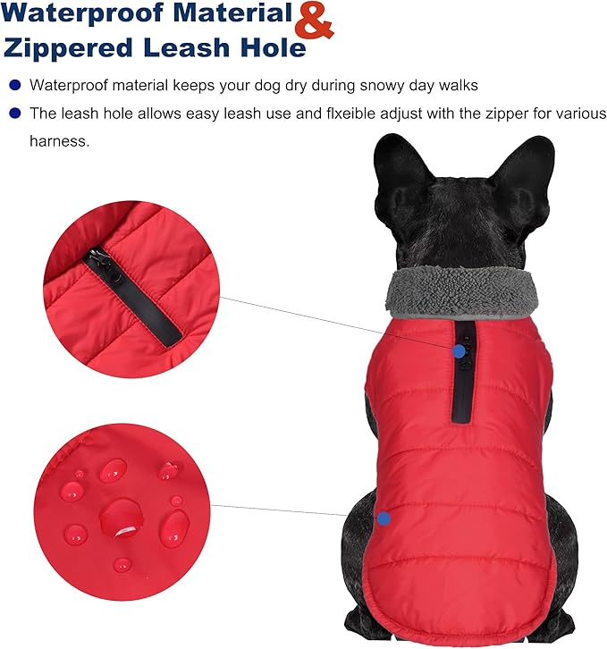 Dog Winter Coat, Waterproof Dog Jacket with Leash Hole, Reflective Adjustable Pet Snow Vest, Warm Fleece Sweater for Small Medium Large Dogs - Red, L