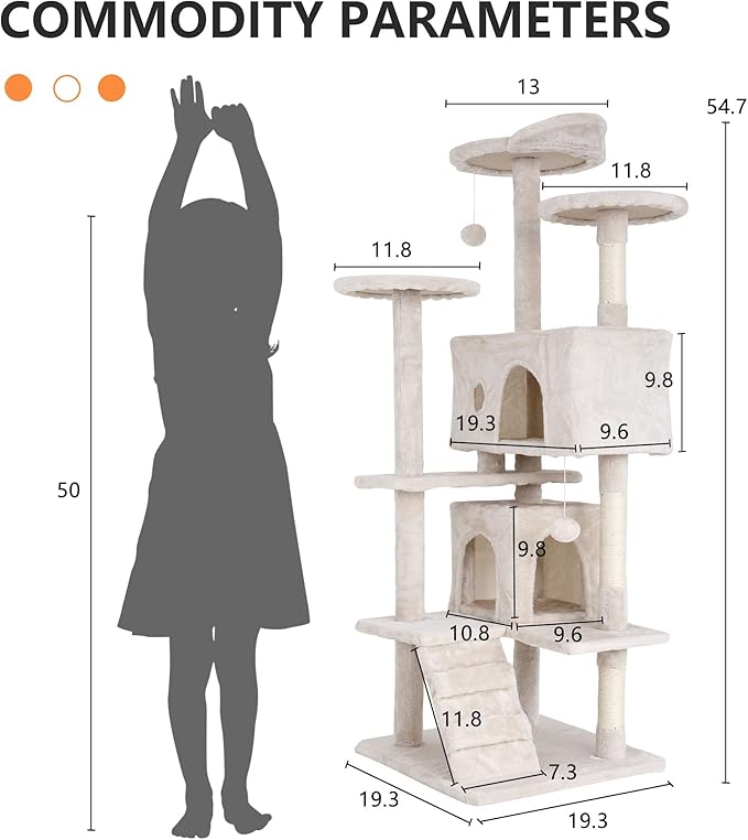 BLKMTY Cat Tree 54" Tall Cats Tower Large Cat Condo Climber Cats Climbing Stand with Top Perches Playhouse and Climbing Ladder Kitty Activity Tree w/Scratching Post Toys, Beige