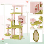 PETSITE 58-inch Flower Cat Tree, Multi-Level Cat Tower with Sisal Scratching Posts and Board, Cat Condo, Side Basket, and Dangling Balls, Cute Pink Cat Tree Tower for Indoor Cats