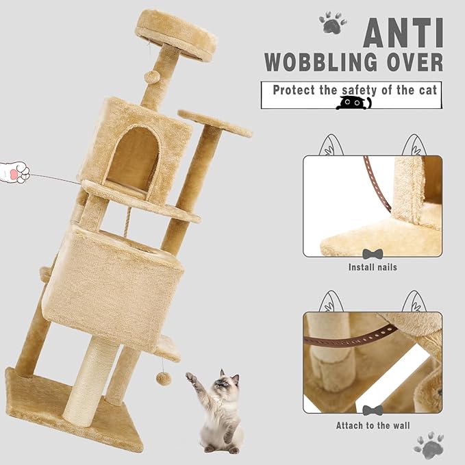 57.8" Large Cat Tree for Indoor Cat, Tall Cat Tower for Cat Adult, Durable Stable Multi-Level Cat Furniture, with Cat Condos, Cat Beds, Sisal Cat Scratching Posts, Hanging Pompoms (Beige)