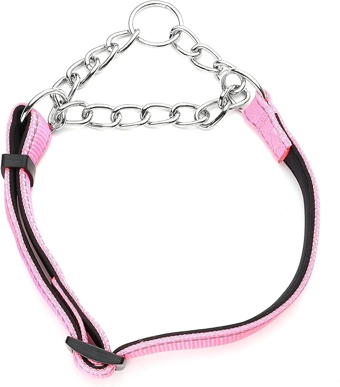 Martingale Dog Collars Adjustable Soft Nylon Reflective Collars with Stainless Steel Chain Walking Training Collars Heavy-Duty Puppy Chain Collars for Small,Medium,Large Dogs(Pink,L)