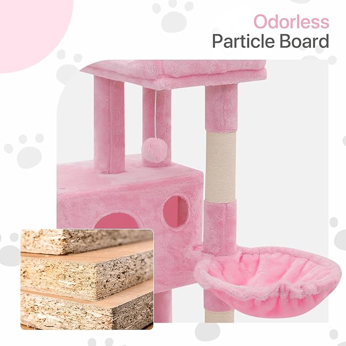 36 Inch Cat Tower for Indoor Cats, Multi Level Cat Condo with Scratching Post, Ramp, Plush Perch, Cat Cave, Basket, Cat Activity Center w/Ball for Small Space, Soft Pink