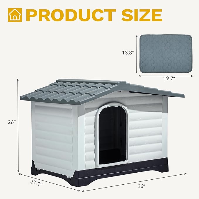 DWVO 36'' 2-Door Dog House with Elevated Base & Cushion, Plastic Pet House for Small and Medium Dogs, Easy Assembly, Water-Resistant for Indoor/Outdoor Use (36''L x 27.1''W x 26''H)