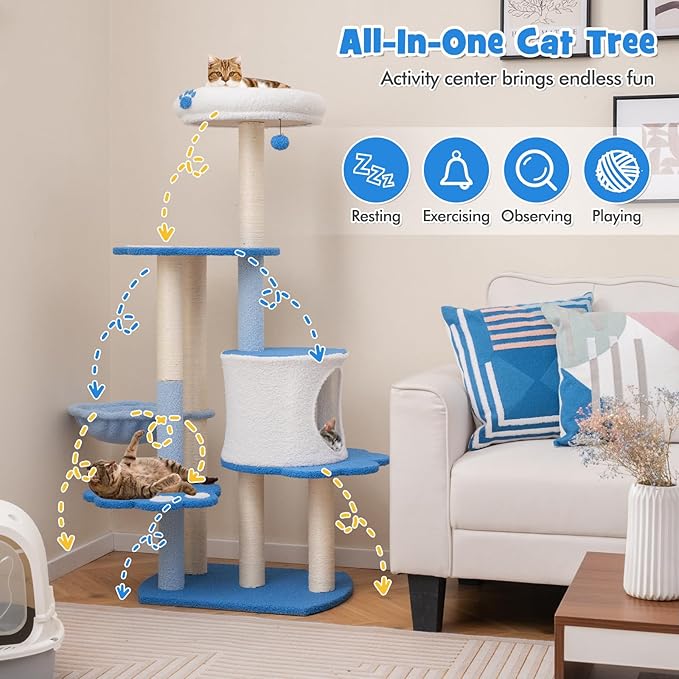PETSITE 54 inch Cat Tree Tower, Multi-Level Modern Cat Tower with Sisal Scratching Posts, Jingling Ball, Top Perch, Side Hammock, and Cat Condo, Cute Blue Cat Tree for Indoor Cats