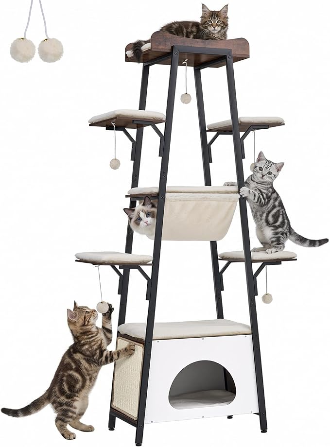 74-Inch Modern Cat Tree Tower for Large Cats, Multi-Level Cat Tower with Scratching Board, Large Perch, Hammock, Removable Pads, White