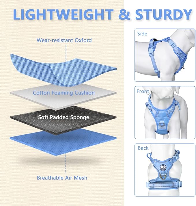 PoyPet No Pull Dog Harness, No Choke Reflective Dog Vest, Adjustable Pet Harnesses with Easy Control Padded Handle for Small Medium Large Dogs(Light Blue Matching Trim,XL)