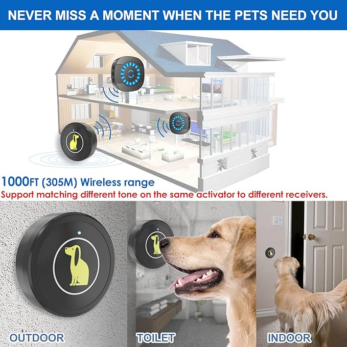 Dog Door Bell, Dog Bell for Training Doggie Door Bell for Dog Puppy Training Sliding Door/Go Outside Doorbell and Waterproof Touch Button