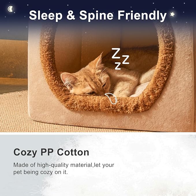 JIUPETY Cute Cat Beds for Indoor Cats, Foldable Cat House with Non-Slip Bottom, S Size Kitten Bed for 0-6 Lb Dogs and 0-8 Lb Cats, Brown