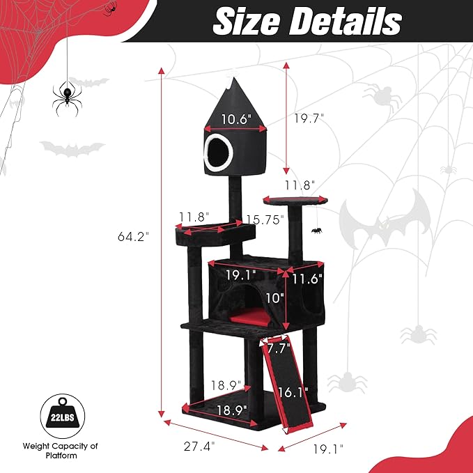 64" Modern Gothic Cat Tree Natural Branch Multifunctional Hammock Cat Tower, Luxury Black Cat Condo Indoor, Plush Toys Gift for Large/Medium Cats