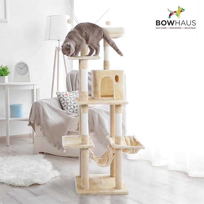 Tall Cat Tree for Indoor Large Cats or Kittens, Multi-Level Cat Activity Tree with Scratching Posts, Hammock, Cat Cave Condo, Modern Cute Small Cat Climbing Tower with Widened Perch