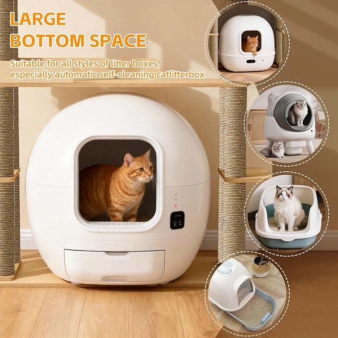 Wood Cat Tree for Automatic Litter Box, 60.2 Inch Tall Modern Cat Tree Tower with Litter Box Enclosure, Multi-Level Wooden Cats Tower Furniture with Scratching Posts, Condo House for Indoor Cats