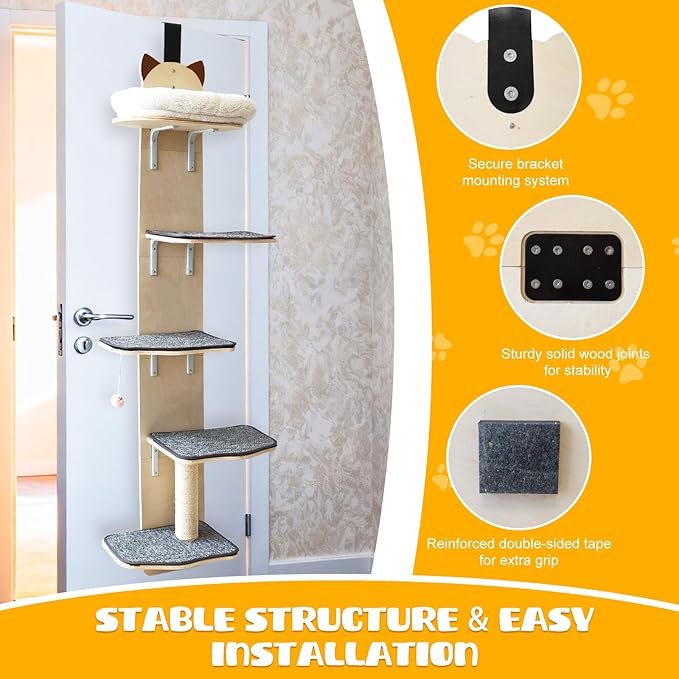 5-Levels Door Hanging Cat Climber, Vertical Door-Mounted Cat Tree Tower with Full Carpeted Plank & Cat Scratching Post for Small Medium Cats (5-Levels, Cat Head Style)