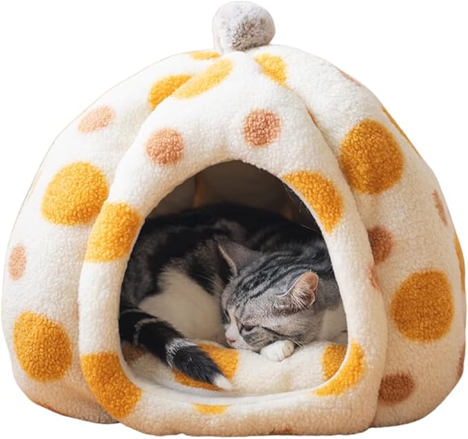 Cat Polka Dot Yurt Bed, Plush Warm Semi-Enclosed Cave Hideaway, Soft Comfy House for Indoor Kitten (Orange,Large)