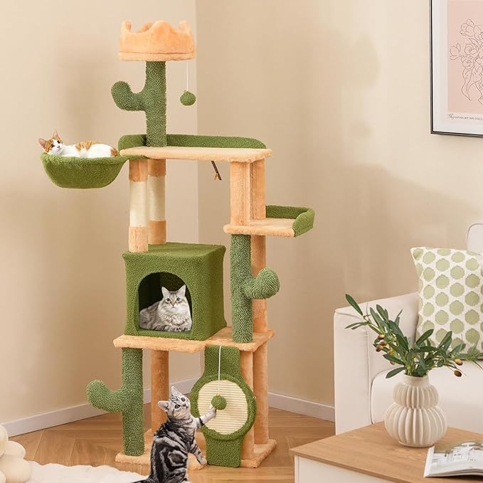 Tangkula Cactus Cat Tree, 63 Inch Multi-Level Tall Cat Tower with Sisal Scratching Posts & Board, Condo, Padded Perch, Hanging Toys, Basket Bed, Platforms, Green Cute Cat Tree for Indoor Cats