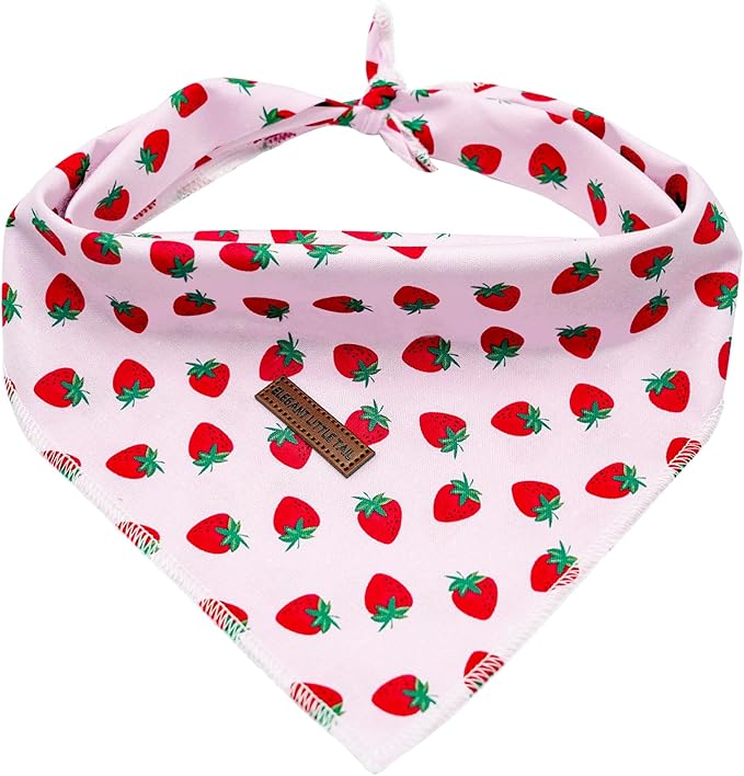 Elegant Little Tail Reversible Cotton Triangle Dog Scarf - Summer Kerchief Strawberry Print Washable Cotton Bibs for Small to Large Dogs
