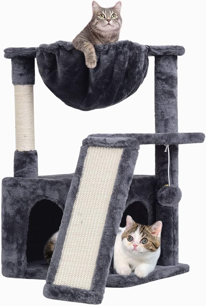 SYANDLVY 23.62" Cat Tree for Indoor Large Cats, Cat Tower with Scratching Posts & Board, Modern Cat Bed Furniture with Condo & Basket (Smoky Grey)
