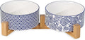 Selamica Ceramic 30 OZ Dog Bowls, Dog Food and Water Bowls with Wooden Stand, Anti-Slip Dogs Dishes Set for Cats Small & Medium Sized Dogs, Weighted Pet Bowls Set of 2, Vintage Blue B