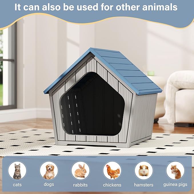 Bifanuo Dog House Outdoor Indoor for Small Dogs - Plastic Pet Shelter, Easy-Assemble & Weather-Resistant for Living Room, Balcony (Blue, 18" L x 22.4" W x 22.2" H)