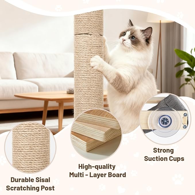 XiaZ Cat Window Perch with Tall Scratching Post, 58" Cats Window Hammock with Cat Condo, Multi-Level Cats Scratching Post for Climbing, Sleeping & Watching Birds