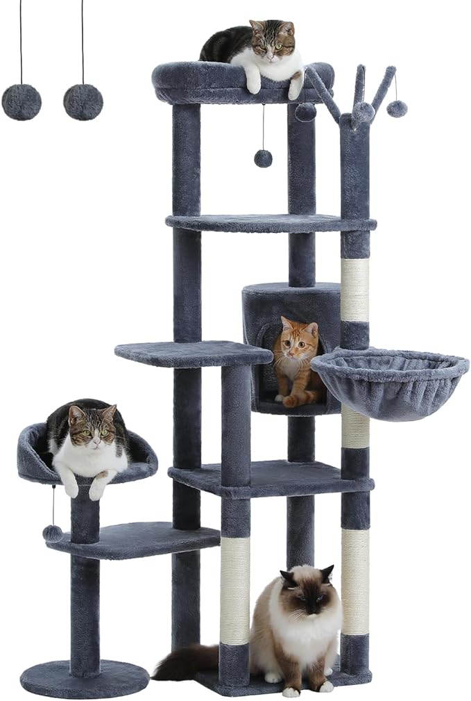 59" Cat Tree, Cat Tower for Large Cats, Multi-Level Cat Tower with 3 Removable Pompom Sticks, Cat Tree for Indoor Cats, Cat Condo with Large Hammock, Scratching Post, and 2 Perches, Dark Gray