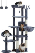 59" Cat Tree, Cat Tower for Large Cats, Multi-Level Cat Tower with 3 Removable Pompom Sticks, Cat Tree for Indoor Cats, Cat Condo with Large Hammock, Scratching Post, and 2 Perches, Dark Gray