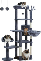 59" Cat Tree, Cat Tower for Large Cats, Multi-Level Cat Tower with 3 Removable Pompom Sticks, Cat Tree for Indoor Cats, Cat Condo with Large Hammock, Scratching Post, and 2 Perches, Dark Gray