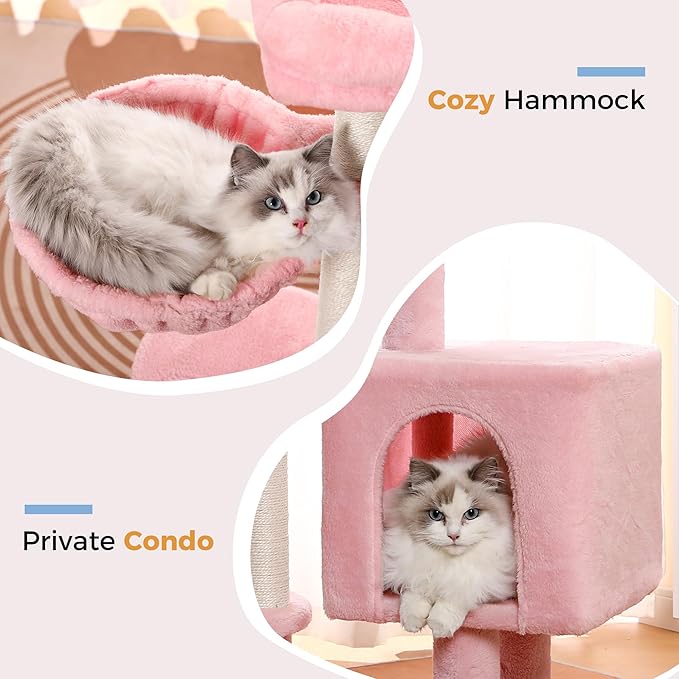 Small Cat Tree Pink Cat Tower with 32 Inches Scratching Post with Cats Condo House, Cozy Hammock and Removable Top Bed and Dangling Ball for Indoor Cats-34” Pink