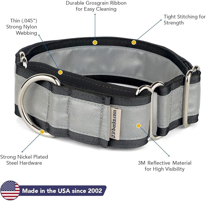 If It Barks - 1.5" Reflective Martingale Collar for Dogs - Adjustable - Made in USA - Strong, Durable, and Comfy - Ideal for Training - Suitable for Most Breeds - Large, Black