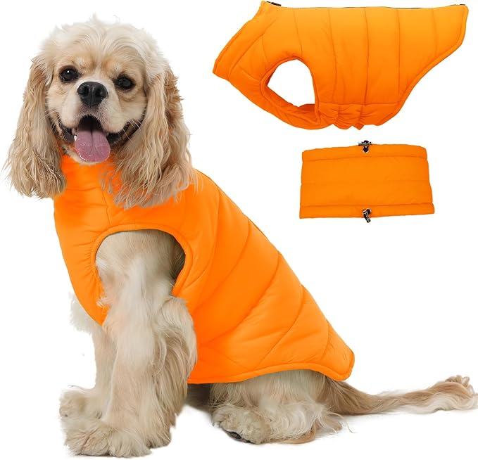 Dog Coat for Large Dogs, Dogs Snow Jacket with Back Zipper, Winter Warm Dog Puffer Vest with Detachable Neck Wrap, Winter Pet Clothes Elastic Band on Chest for Springer, Dalmatian, Orange L