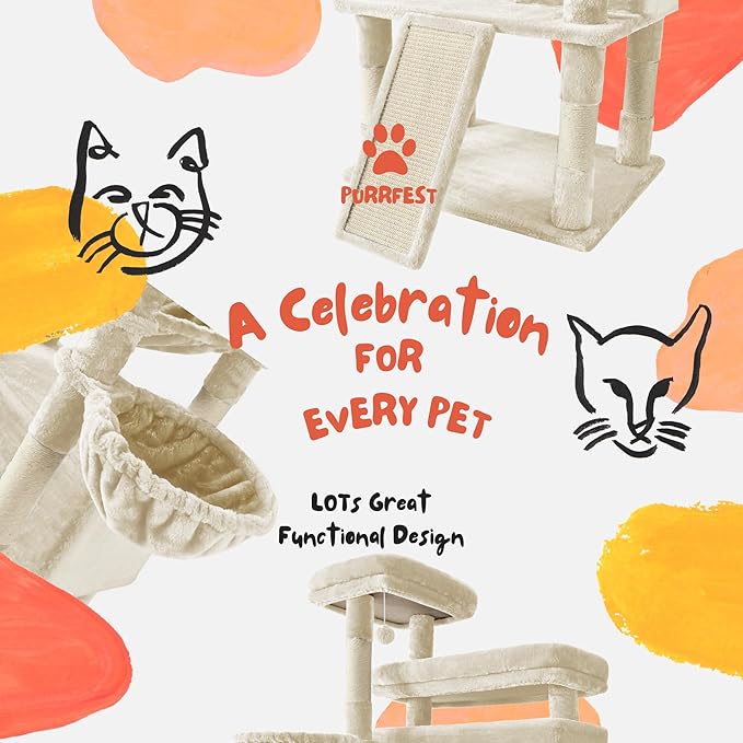 80 Inch Cat Tree, Large Cat Tower with 9 Scratching Posts, 2 Perches, 2 Caves, 2 Basket, 2 Stairs, Extra Large Hammock, Multi-Level Plush Cat Condo for Indoor Cats/Beige