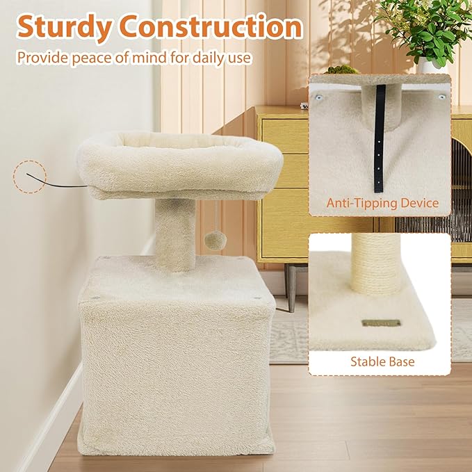 DORTALA Small Cat Tree, Cat Tower with Condo, Top Perch, Sisal Scratching Post & Hanging Ball, Pet Furniture Activity Center for Indoor Kittens Playing (Beige)